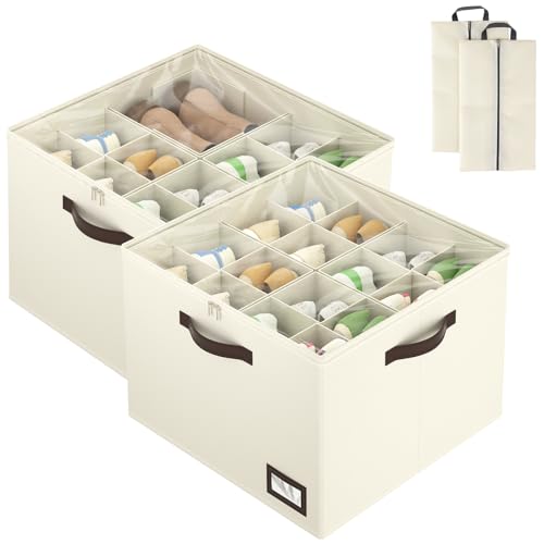 OIAHOMY 2 Pack Shoe Organizer for Closet, Large Foldable Shoe Storage Bins with Dividers and Reinforced Handles, Each Clear Cover Sneaker Box Fits Up to 16 Pairs for Entryway and Bedroom, Beige - color: Beige, size: Large