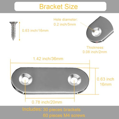 30PCS Straight Brace Brackets 1.42 Inch Stainless Steel Flat Mending Plates, Repair Fixing Joining Brackets for Wood Furniture with Screws - size: 1.42 inches (30 Pieces)