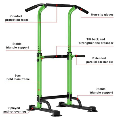 SogesHome Multi-Function Power Tower Pull Up Bar Dip Station for Home Gym | Height Adjustable PullUp Dip Stand, Full Body Strength Training Equipment, Fitness Workout for Push Ups Dips, 330LB Capacity - color: Green