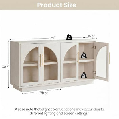 Fatmok 59" Buffet Cabinet with Glass Doors, Modern Arched Sideboard with Large Storage and Adjustable Shelves, Accent Console Credenza for Dining Room, Living Room, Entryway, White Wood Grain - color: B-white Wood Grain