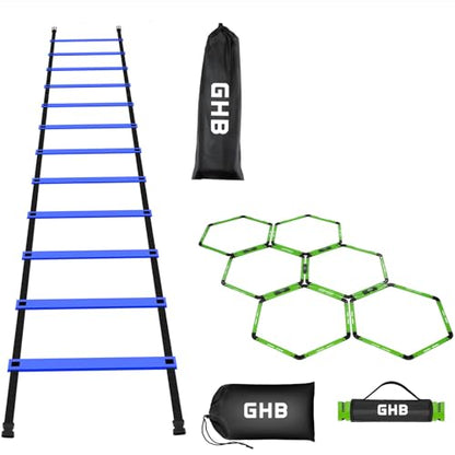 GHB Agility Ladder 1 Pack and Hex Agility Rings 1 Pack 12 Rung 20ft with 3 Carrying Bag