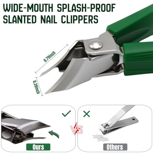 Eagle-Beak Slant Nail Clippers, 3-Piece Set with Wide Mouth to Prevent Splashing. These Angled Clippers Suit ingrown and Thick Nails, Ideal for Men, Women and The Elderly (Green)