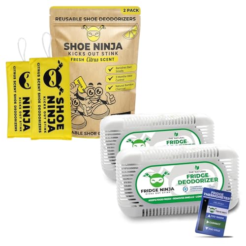 Earth Ninja Fresh Home Bundle – Fridge Ninja (2 Pack) + Shoe Ninja (2 Pack) – Natural Activated Charcoal Odor Eliminators – Long-Lasting, Reusable Deodorizers for Fridge, Shoes, Gym Bags & More