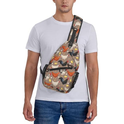 Funny Rooster Print Crossbody Sling Bags for Women Men Cute Chicken Cock Hen Domestic Animal Print Travel Sling Backpack Casual Shoulder Bag Rustic Country Farmer Life Theme Hiking Daypack - color: White Orange Black