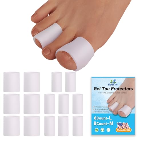 Pnrskter Silicone Toe Protectors, 14Pcs Toe Sleeves (6 Large + 8 Medium) | Toe Caps for Blisters, Corns, Hammer Toes, Rubbing, and Ingrown Toenails (Aloe Vera Extract Infused Silicone Materials) - size: Medium/Large