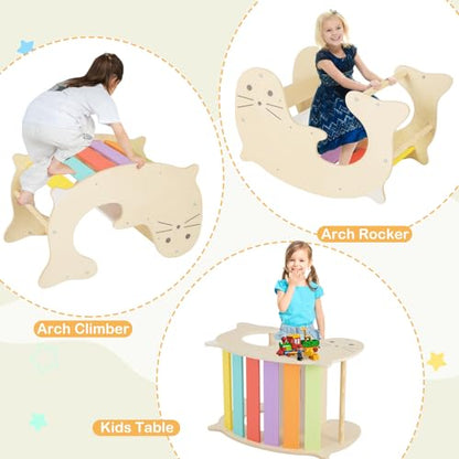 Costzon Climbing Toys for Toddlers, Foldable Montessori Wooden Arch Climber Ladder with Sliding Ramp, Play Table, Multi-Combination Methods, Kids Triangle Climber Play Gym Set for Boys Girls Present - style: 7 in 1 Arch Climber Ladder, Rainbow