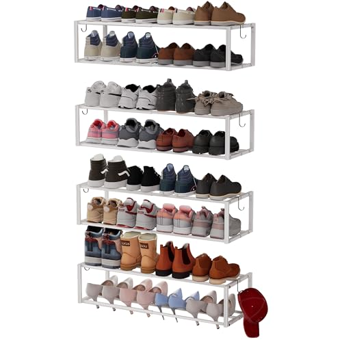 4 Pack Expandable Wall Mounted Shoe Rack, 17"-30"Adjustable Hanging Shoe Rack Holds 24 Pairs, Heavy Duty Metal Shoe Racks Holder with 8 Storage Hooks, Space Saving for Entryway Closet Doorway（White) - color: White, size: 4PACK
