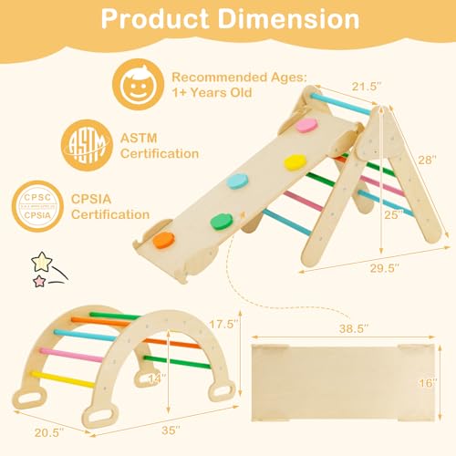 Costzon Climbing Toys for Toddlers, Foldable Montessori Wooden Arch Climber Ladder with Sliding Ramp, Multi-Combination Methods, Rainbow Kids Triangle Climber Play Gym Set for Boys Girls Gift Present - style: 5 in 1 Arch Climber Ladder, Rainbow