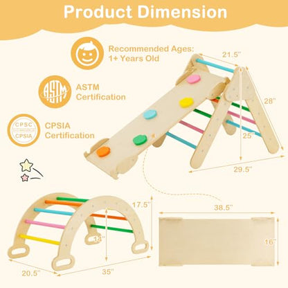 Costzon Climbing Toys for Toddlers, Foldable Montessori Wooden Arch Climber Ladder with Sliding Ramp, Multi-Combination Methods, Rainbow Kids Triangle Climber Play Gym Set for Boys Girls Gift Present - style: 5 in 1 Arch Climber Ladder, Rainbow