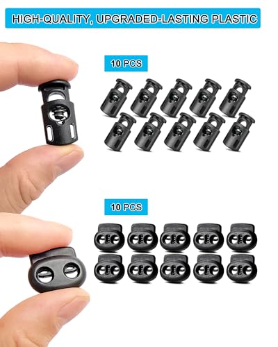 TTeebmi 20PCS Cord Locks for Drawstrings – 10 Single Hole and 10 Double Hole Spring Cord Stoppers – Plastic Toggle Clips for Bags, Shoes, DIY Crafts, Hoodies, Pants, Tent Ropes
