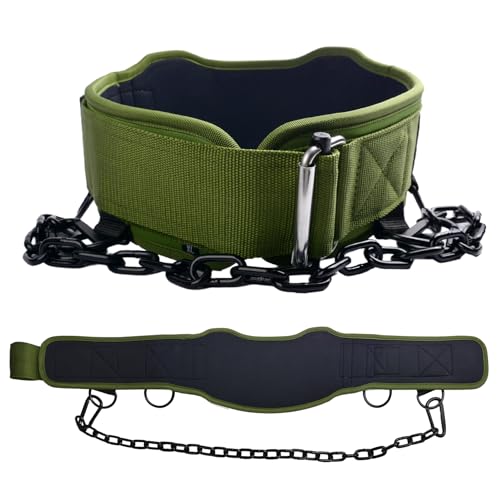 2-in-1 Weightlifting Belt with 36 IN Steel Chain & Self Locking, Dip Belt for Pull Up, Squat, Deadlifts & Added Weight Training - color: Military Green, size: XL(37"-41")