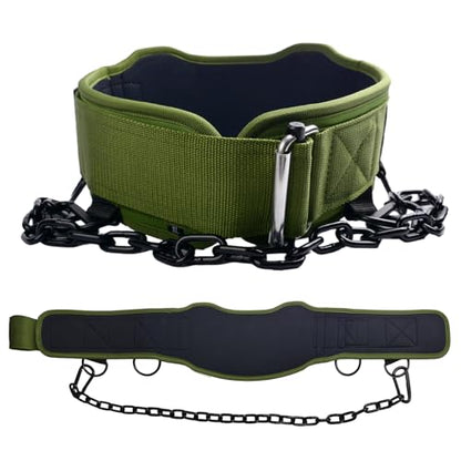 2-in-1 Weightlifting Belt with 36 IN Steel Chain & Self Locking, Dip Belt for Pull Up, Squat, Deadlifts & Added Weight Training - color: Military Green, size: XL(37"-41")