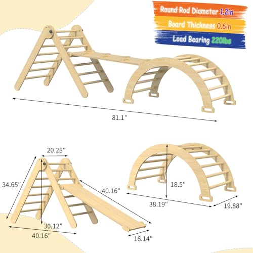 Pikler Triangle Set, 7 in 1 Foldable Climbing Toys Set for Kids, Baby Jungle Gym with Ramp & Arch,Wooden Montessori Climbing Set Indoor for Toddler (Natural)