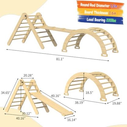 Pikler Triangle Set, 7 in 1 Foldable Climbing Toys Set for Kids, Baby Jungle Gym with Ramp & Arch,Wooden Montessori Climbing Set Indoor for Toddler (Natural)