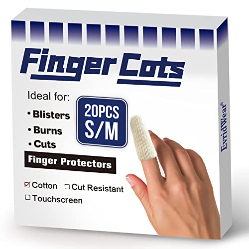Evridwear 20PCS Cotton Finger Cots for Eczema, Cracked Skin, Calluses | Moisture Wicking Cotton Cushion Finger Covers Cot Sleeves Fingertips Protect for Men & Women,S/M - size: 20 Count (Pack of 1)