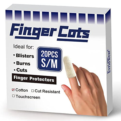 Evridwear 20PCS Cotton Finger Cots for Eczema, Cracked Skin, Calluses | Cotton Cushion Finger Covers Cot Sleeves Fingertips Protect for Men & Women,S/M - size: 20 Count (Pack of 1)