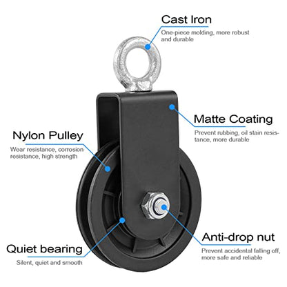 3.54 in Cable Pulley 360 Rotation Traction Wheel with Carabiner and Strap,Silence Smooth Detachable for DIY Gym Pulley System,DIY Gym Attachment Lifting Blocks,Ladder Lift,Hoists,Clothesline - color: 4 Pulley+4 Carabiner