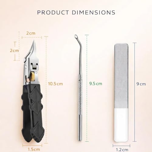 Pro Nail Clipper Set with Gear Lock Black Non Slip Handle Wide Jaw 180 Degree for Thick Nails Ingrown Toenail Clipper Ultra Sharp Stainless Steel Ergonomic Grip Safety Lock Travel Case