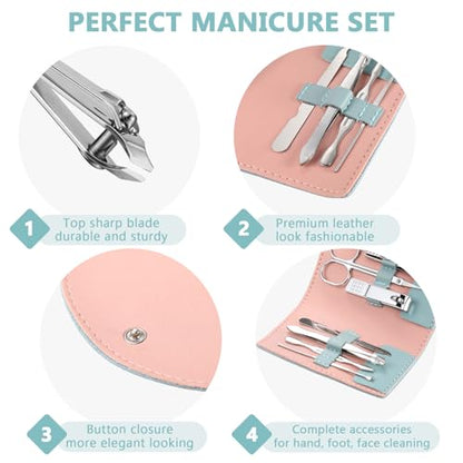 12 Set Manicure Set Bulk Mini Manicure Nail Clipper Kit 7 in 1 Stainless Steel Professional Nail Care Pedicure with Travel Portable Bag Grooming Kits for Women Men Home(Green) - color: Green