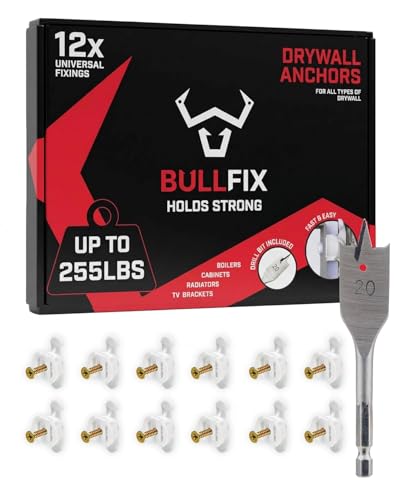 Bullfix Drywall Anchors and Screws Kit - Holds 255lbs - Starter 12 Pack | Heavy Duty Drywall Anchors for Shallow Hollow Cavity, Dry Wall Screws, 13/16" Drill Bit, Dry Wall Kit - size: 12 Pack