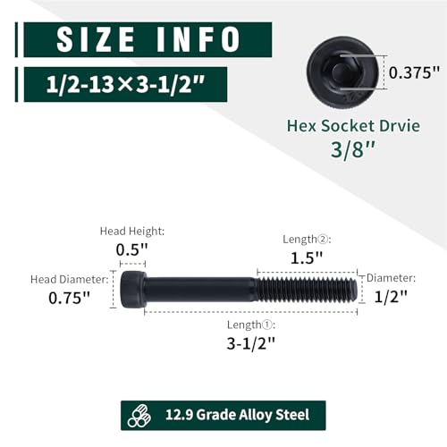 1/2-13 x 3-1/2" Socket Head Cap Screws Bolts, 12.9 Grade Alloy Steel, Black Oxide Finish, Allen Hex Drive, Full Thread, 6-Pack - size: 1/2-13 x 3-1/2"