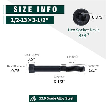 1/2-13 x 3-1/2" Socket Head Cap Screws Bolts, 12.9 Grade Alloy Steel, Black Oxide Finish, Allen Hex Drive, Full Thread, 6-Pack - size: 1/2-13 x 3-1/2"