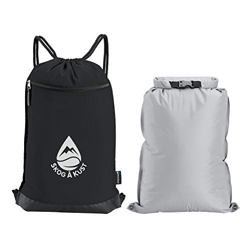 Skog Å Kust GymSak | Patented 2-in-1 Drawstring Cinch Bag with Removable Waterproof Dry Bag | Black & Grey - color: Black