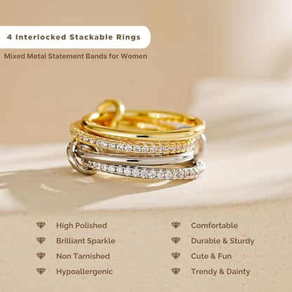 NOKMIT 14K Gold Plated 4 Interlocking Stackable Rings Set with CZ Cubic Zirconia Gold & Silver Mixed Metals Multi-Link Connected Statement Bands for Women Hypoallergenic Non Tarnish Jewelry Gifts - style: CZ Interlocking Rings