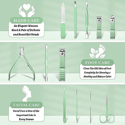 Manicure Pedicure Set, Nail Clipper Set for Men Women, Professional Manicure Kit Pedicure Kit, Nail Care Kit with Green Travel Leather Bag, Set 12 in 1 - color: green