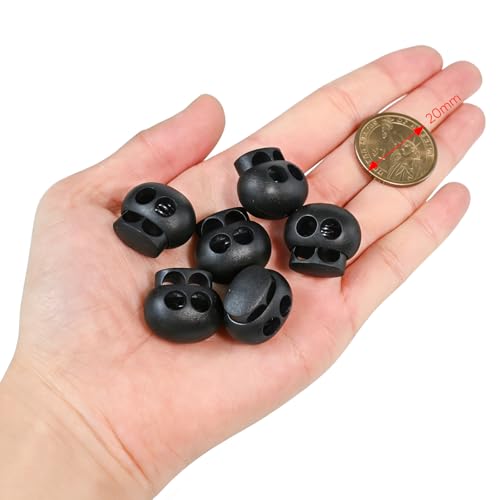 30 Pcs Black Plastic Spring Cord Lock Toggle Stopper, Double Hole Drawstring Cord Lock Fastener for Hoodies, Paracord, Shoelaces, Elastic Ropes and Bags