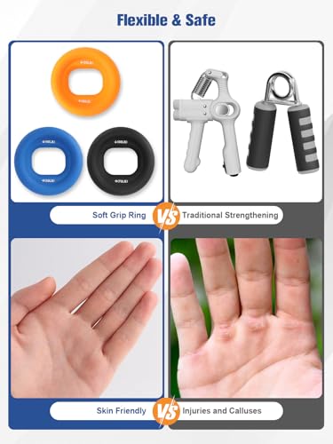 Cozary Grip Strength Trainer Set, 6-Piece - 20-70 lb Hand & Finger Training Set with 3 Grip Strength Rings & 3 Finger Stretchers - For Climbing, Strength Sports & Home - Ideal for Beginners and