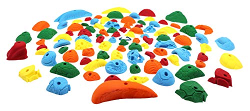 Atomik Rock Climbing Holds Set of 100 Bolt-On Rock-Like Crimpers, Pockets, Jugs and Footholds in Assorted Bright Tones