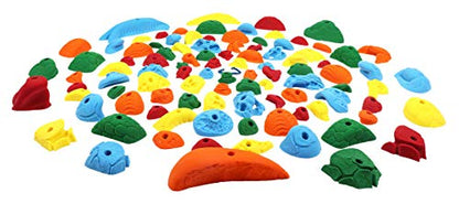 Atomik Rock Climbing Holds Set of 100 Bolt-On Rock-Like Crimpers, Pockets, Jugs and Footholds in Assorted Bright Tones