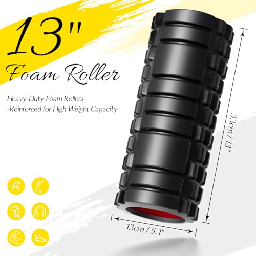 Foam Roller 13" High-Density Deep Tissue for Muscle Recovery | Patented Muscle Roller for Muscle Massage and Myofascial Trigger Point Release Back Roller for Fitness, Yoga, Pilates, Black - color: Black