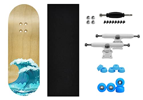 Teak Tuning Complete Fingerboard Waves Edition - Premium, Heat Transfer Graphic - Pro Shape & Size - Bearing Wheels, Pro Trucks, 61A Pro Duro Bushings - 34mm x 97mm Deck - color: Blue,white