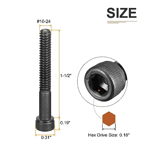 DTGN #10-24x1-1/2 Socket Head Cap Screws Bolts, 25Pcs 12.9 Grade Alloy Steel, Machine Hex Socket Screw, Hex Drive, Black Oxide Finish, UNC Coarse Thread Partially Threaded - size: #10-24x1-1/2"