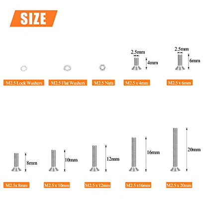 HELIFOUNER 560 Pieces M2.5 x 4mm /6mm /8mm /10mm /12mm /16mm /20mm, Phillips Countersunk Head Machine Screws, Metric Screws Bolts Washers Nuts Kit, 304 Stainless Steel - size: M2.5, style: Phillips Countersunk Head