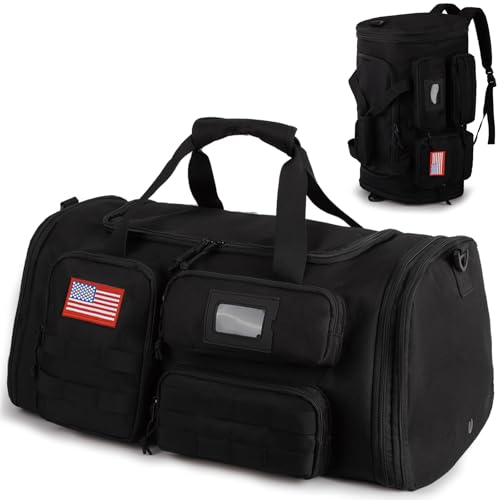 Expandable Gym Bag For Men,Tactical Large 3-in-1 Travel Duffle Backpack Bag | Water-Resistant Sports Bag With Shoes Compartment,Multi-Functional Travel Duffel Bag For Weekend, Overnight, Workout,Camping - color: Black