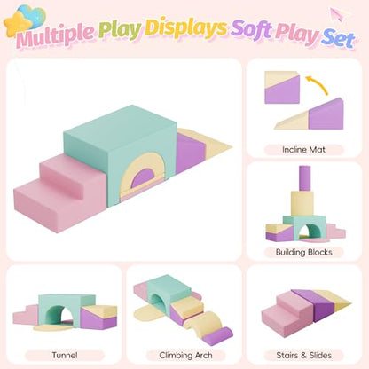MU ‌Soft Climbing Toys for Toddlers, 7-Piece Baby Soft Foam Climbing Blocks, PU Leather Gym Climb and Crawl Activity Play Set, Indoor Climbing Toys for Kids and Children, Pink - color: Pink