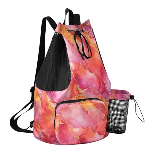 Drawstring Bags Climbing Gym Bag With Water Bottle Pocket String Backpack Bag Waterproof Marble Hot Pink Peach