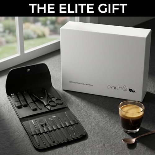 Earth & I Manicure Kit for Men: TSA Compliant Nail Clipper Grooming Set | Precision forged surgical stainless steel grooming tools. TSA-compliant satin black travel vault & premium gift box for men.