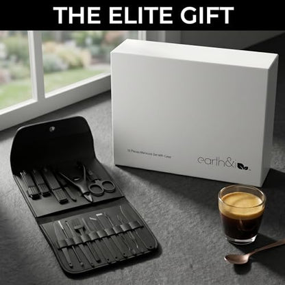 Earth & I Manicure Kit for Men: TSA Compliant Nail Clipper Grooming Set | Precision forged surgical stainless steel grooming tools. TSA-compliant satin black travel vault & premium gift box for men.