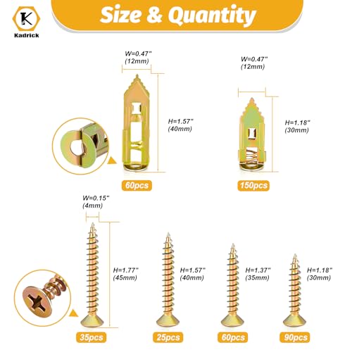 Kadrick 420Pcs Self Drilling Drywall Anchors with Screws Assortment，Zinc Plated,2025 Upgraded Hollow Wall 2 Sizes Anchors and 4 Sizes Screws Kit, Easy Application No Drill or Holes in Wall - size: 420Pcs 6Size Kit