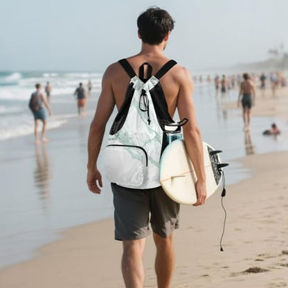 Drawstring Climbing Gym Bag With Inside Pockets Drawstring Bags with Wet Dry Compartments Light Green Luxury Marble Texture