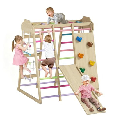 9 in 1 Indoor Playground for Kids, Montessori Wooden Toddler Jungle Gym Indoor with Slide, Swing, Rope Ladder, Climbing Net, Rock Wall and DIY Name Stickers, Playground Playset for Boys and Girls