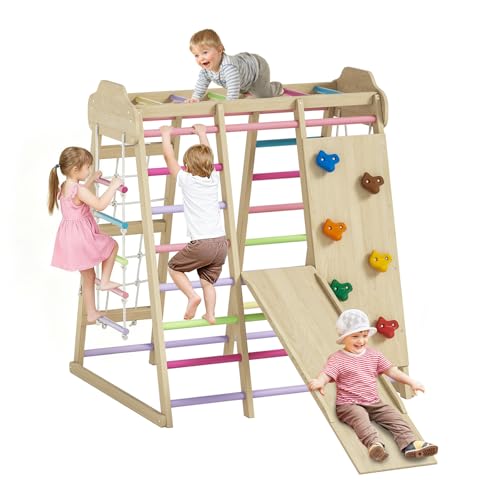 9 in 1 Indoor Playground for Kids, Montessori Wooden Toddler Jungle Gym Indoor with Slide, Swing, Rope Ladder, Climbing Net, Rock Wall and DIY Name Stickers, Playground Playset for Boys and Girls