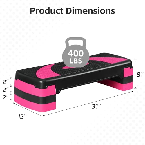 HomGarden Adjustable Workout Aerobic Stepper in Fitness & Exercise Step Platform Trainer Stepper w/Risers Adjust 4"-6''-8'' - color: Black/Pink