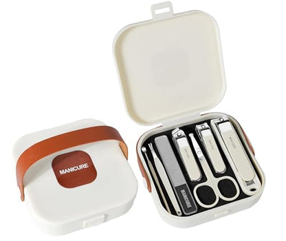 8 Pcs Nail Clipper Set,Stainless Steel Manicure Pedicure Collection White | Portable Anti-Splash Tools for Daily Nail Care, Compact Travel Essential for Home Use,Coffee Brown - color: White