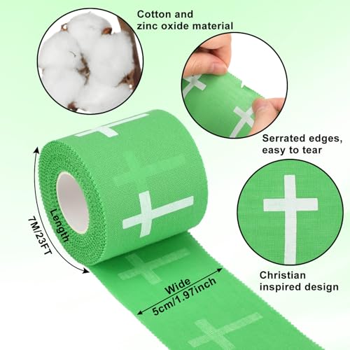MiniInflat 2 Pcs Christian Cross Athletic Tape Sports Tape 2in x 23ft Religion Jesus Wrist Wrap for Soccer Football Baseball, Gift for Graduation Teacher Nurses Week Pentecost(Green,Crosses) - color: Green, style: Cross