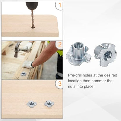 HARFINGTON M6x11mm T-Nuts 4 Pronged Tee Nut 0.69" x 0.43" Fully Thread Carbon Steel Inserts for Wood, Rock Climbing Holds, Cabinetry, Furniture 50pcs - size: M6x11mm